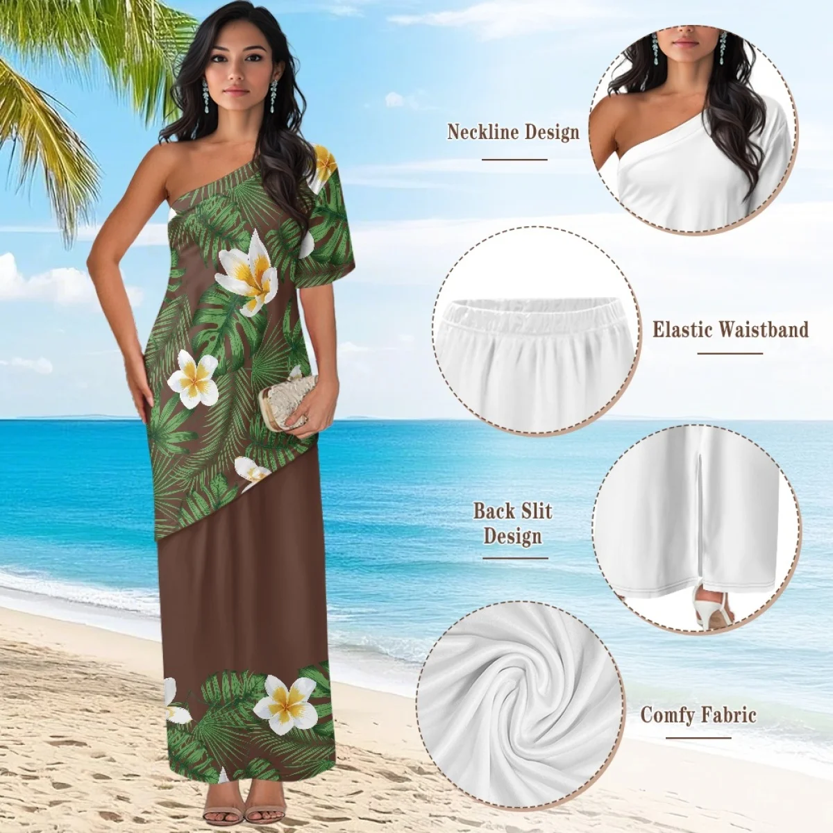 ชุดเดรสปูเลตาซีลายดอกชบาสีน้ำตาลสไตล์ฮาวายซามัวแบบสั่งตัดพิเศษสำหรับงานปาร์ตี้สุดหรู แขนเดียว สำหรับฤดูร้อน