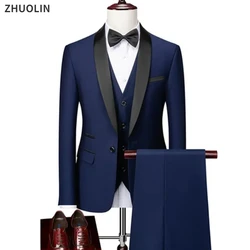 High Quality Men For Wedding Suit 3 Pieces Set  Elegant Blazers Bow Collar Luxury Jacket Pants Vest Formal Coat Skinny Dress