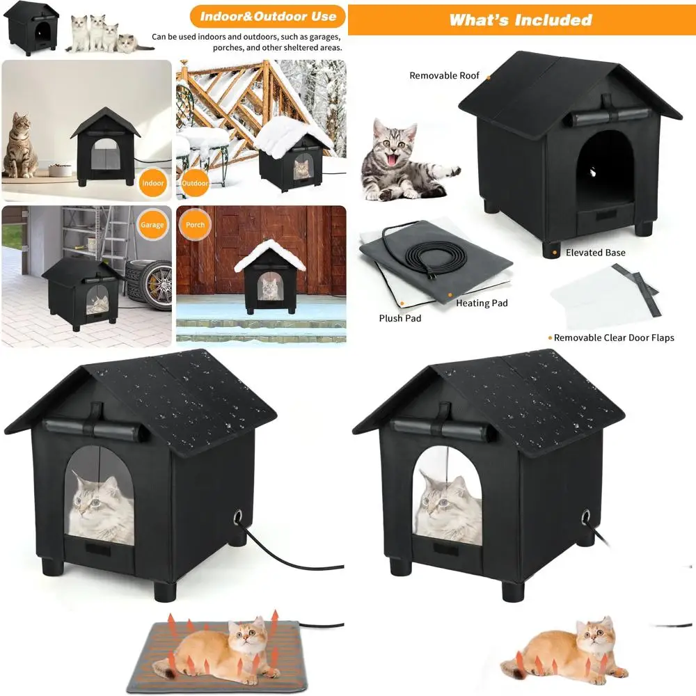 

Большой водонепроницаемый утепленный уличный домик для кошек с подогревом для зимы, с удобной дверцей - идеально подходит для кошек или маленьких собак (черный, 17.3)