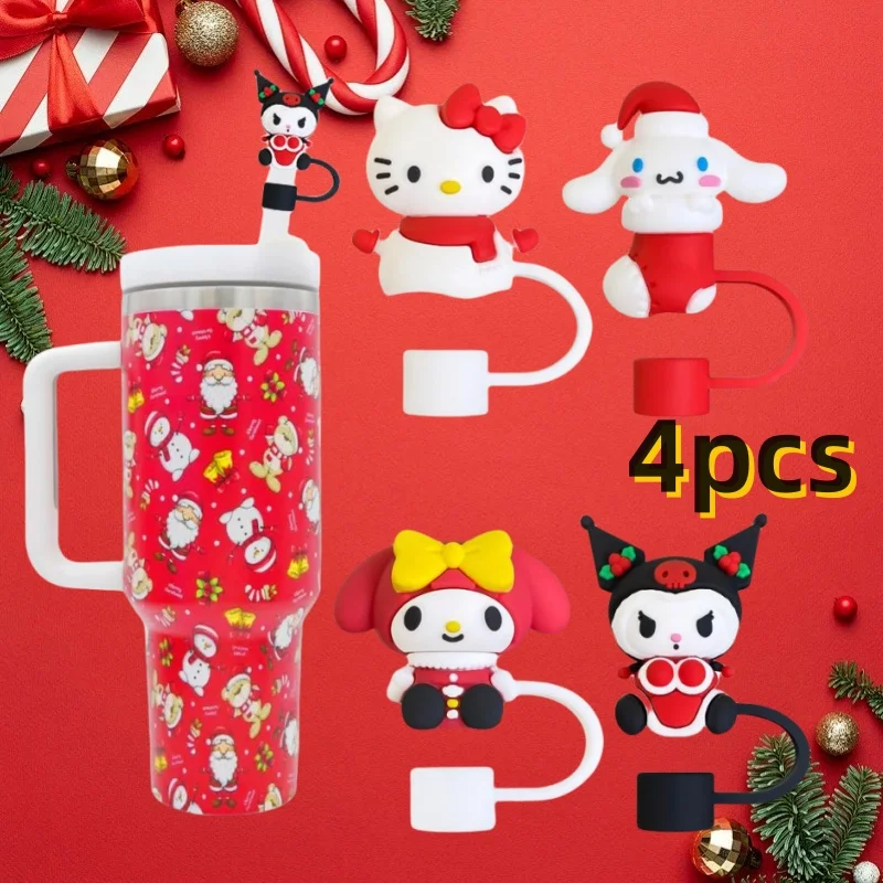 

Set Christmas HelloKittys Straw Cover Caps Cute Kuromi Melody Anime Figure Straw Toppers Cap for 10mm Straws PVC Party Props