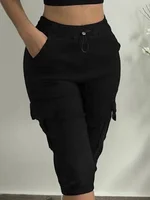 Summer Women's Slim-Fit Capri Trousers Solid Color Casual Multiple Pocket Lace-Up High Waist Tight Leggings Capri Pants - Image 4