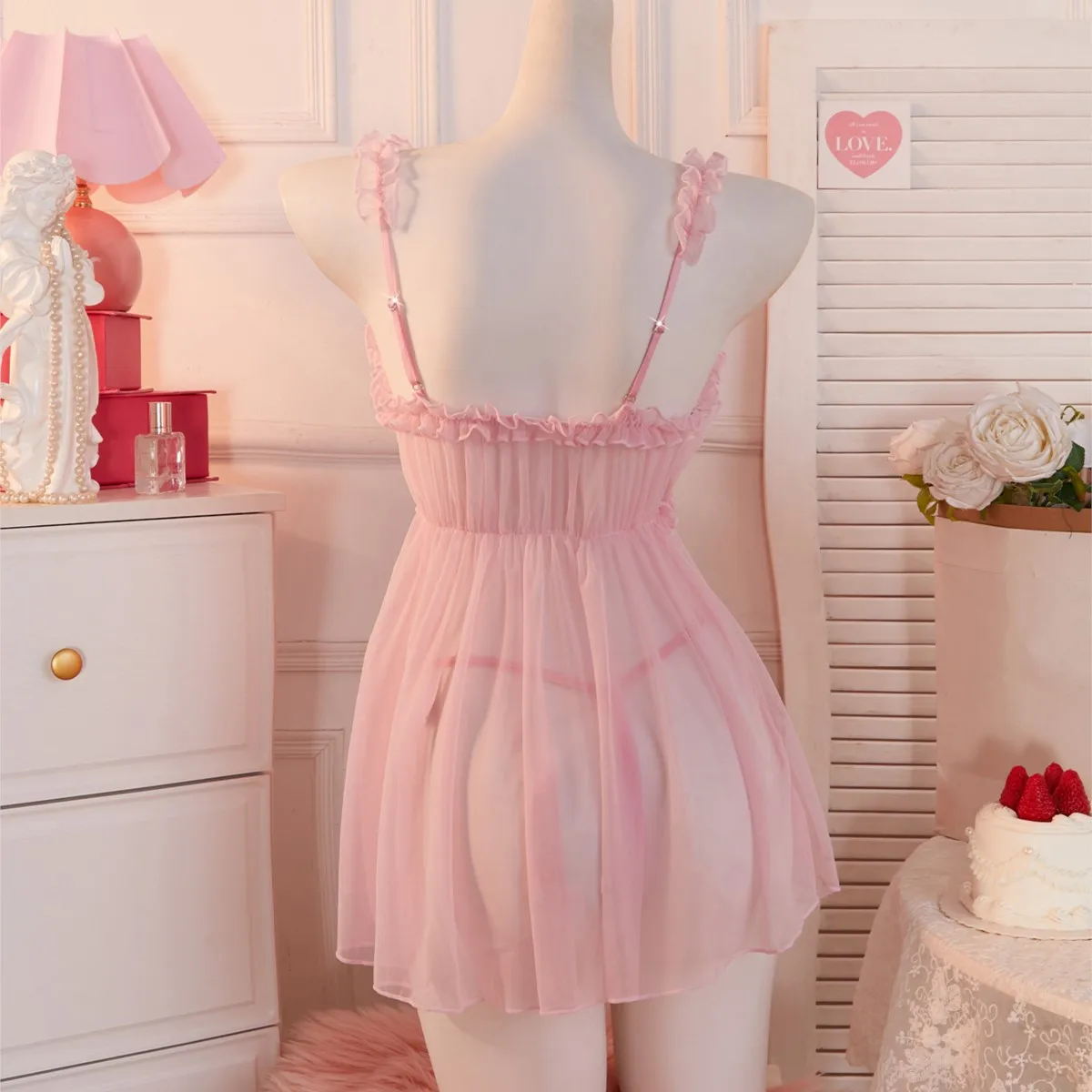 Seductive Pink Sheer Mini Dress Thong Set Women's Transparent Lace Nightgown Sexy Fairy Gentle Lingerie Underwear Females Pyjama