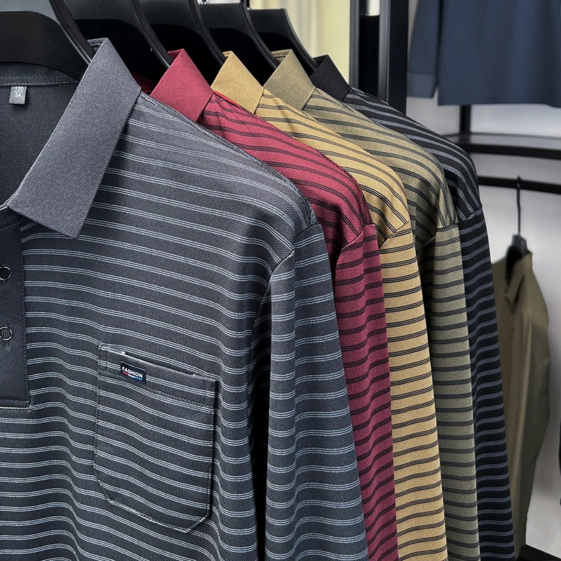 Herren-Polohemd mit langen Ärmeln und Brusttasche, gestreift, lässiger Business-Look, Herbst, Alltag, weich, atmungsaktiv, Herrenbekleidung. – Detail 15