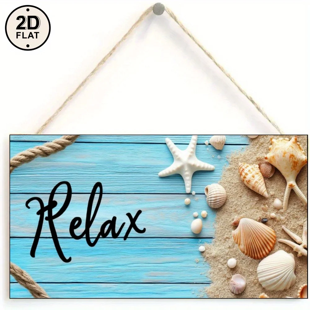 2D Flat, Rural Coastal Sandy Beach Decor - Relaxing Wall Art Sign with Shell Design, Turquoise Blue Wooden Background