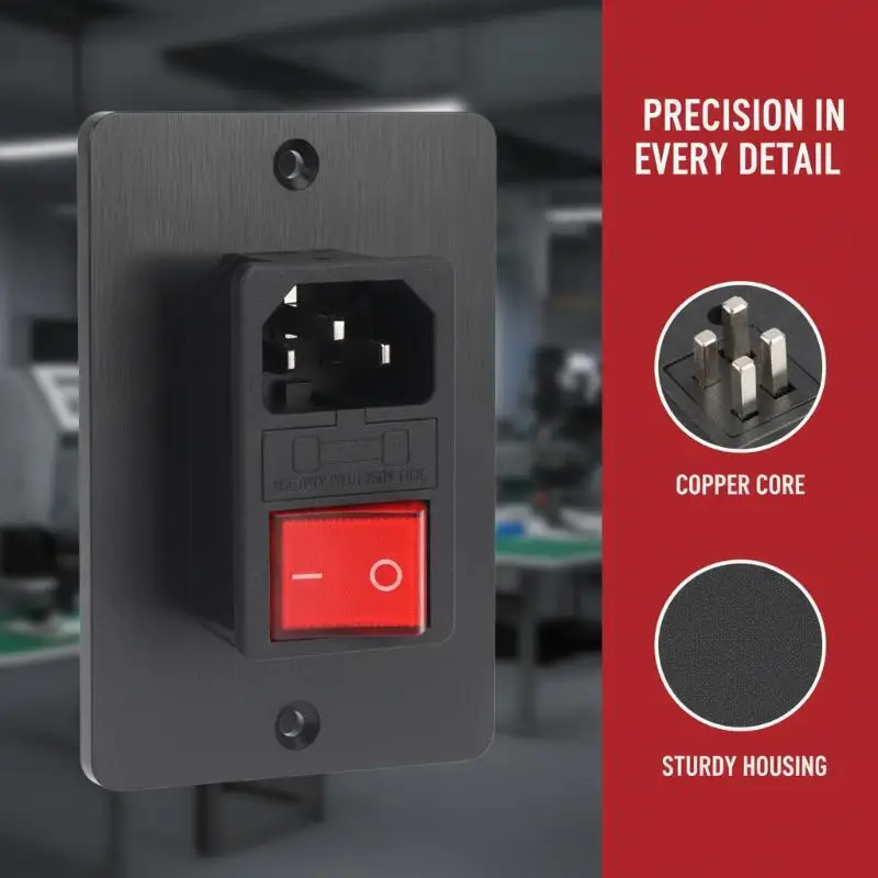 IEC320 C14 Electrical AC Socket 3 Pin Red LED 250V Rocker Switch 10A Fuse Female Male Inlet Plug Connector Embedded Socket Moun