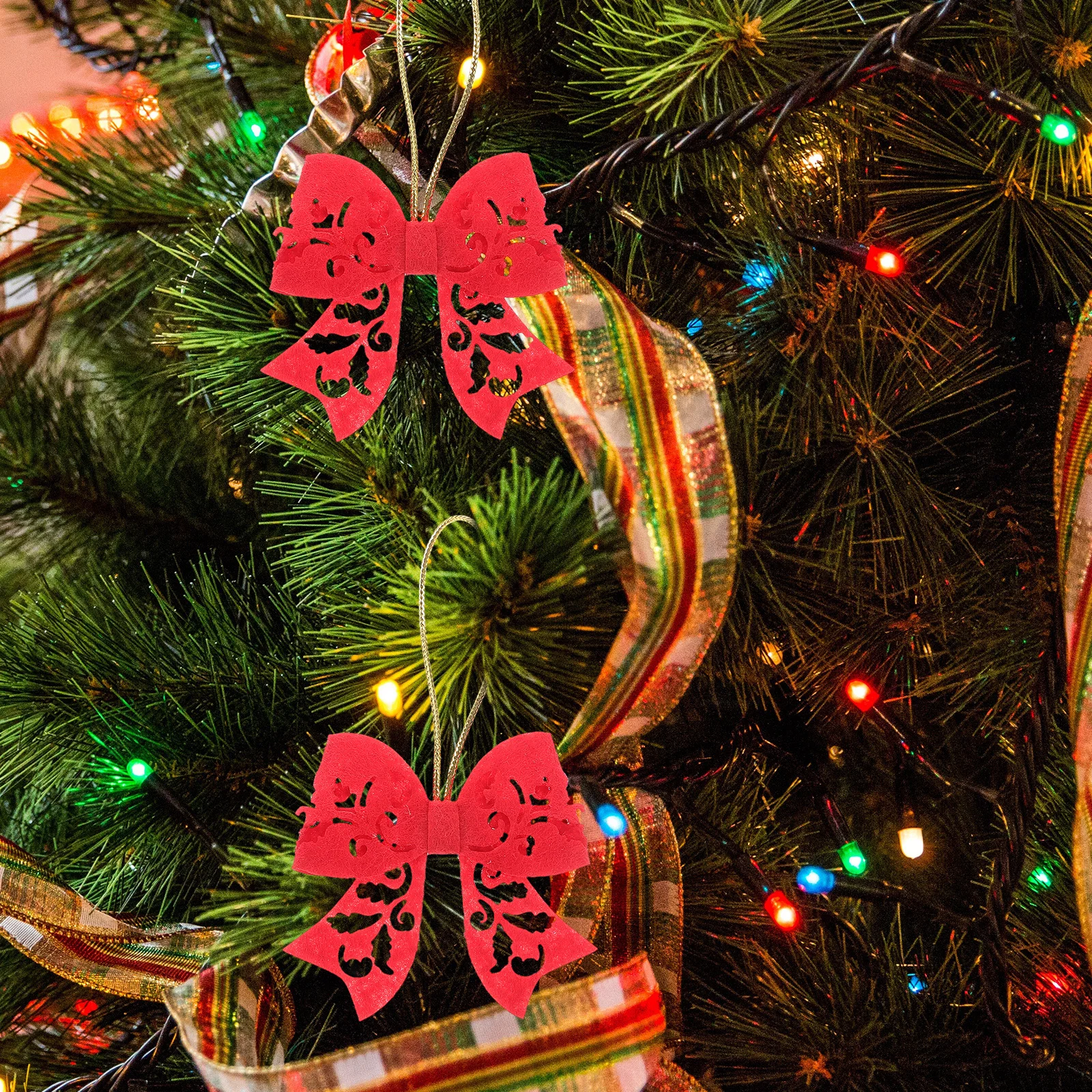 

5Pcs Red Christmas Tree Hanging Bows Small Ribbon Bow Ornaments Holiday Wreath Craft Decoration DIY Party Bow for Presents