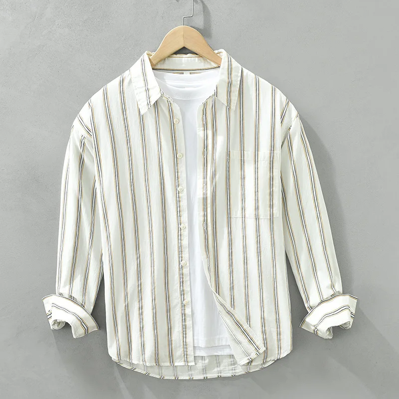 

Fre Vertical Stripes Long Sve Cotton Casual irt Men's Retro Trendy Collared Loose Fit Youthful Sle Autumn New Arrival