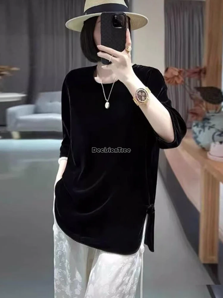 

2025 новый китайский ретро-стиль, осенняя женская свободная черная Cheongsam с разрезом на пуговицах, традиционный костюм Тан, блузка, бархатный топ t001