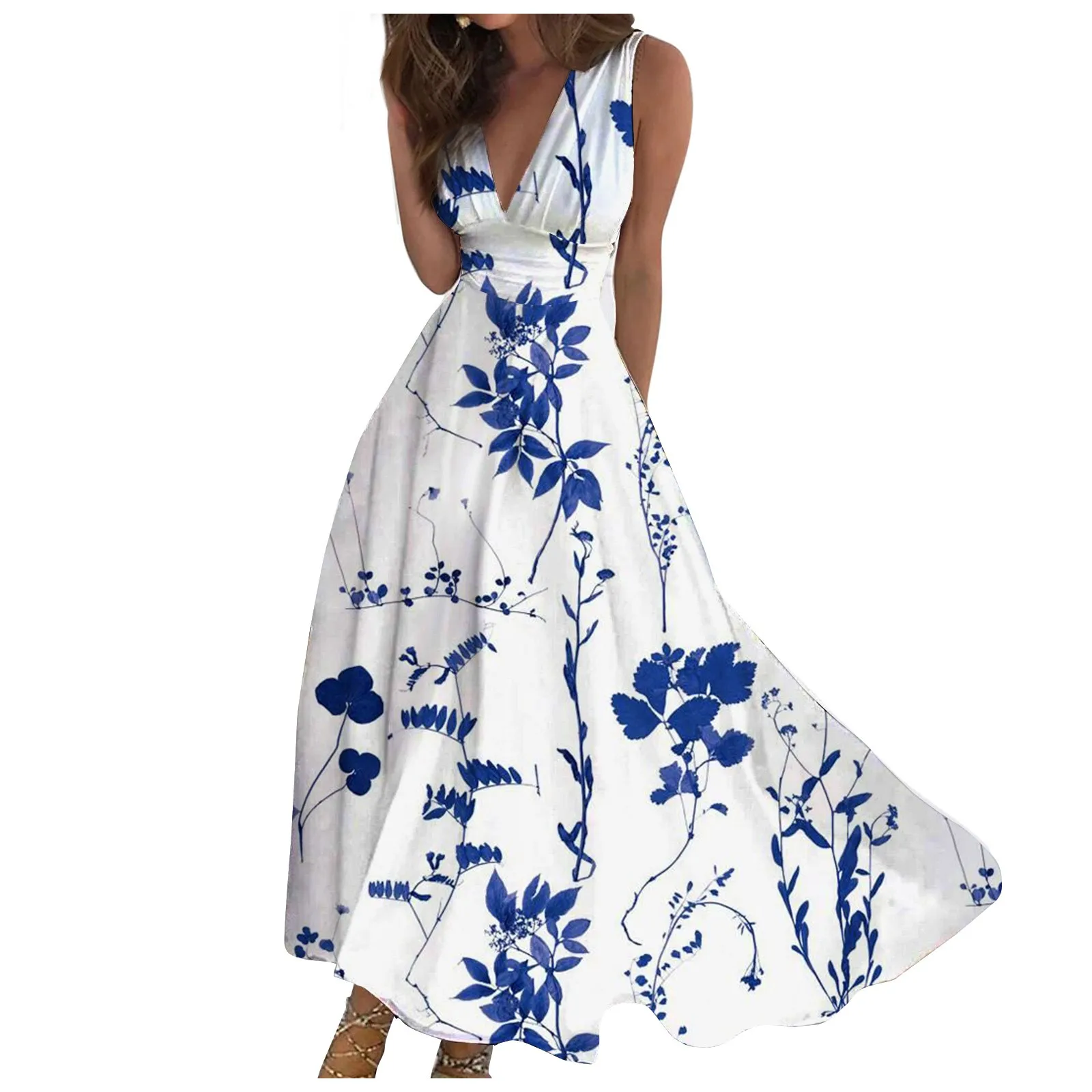 

Elegant High Waist Sexy Deep V-neck Long Maxi Dress Swing A Line Floral Boho Fashion Streetwear Daily Date Print Sleeveless Dess