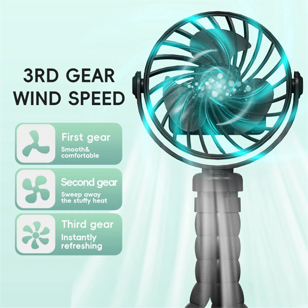 ABJS Octopus Fan Desktop Camping Fan USB Rechargeable Tripod Fan with Light Fan Black