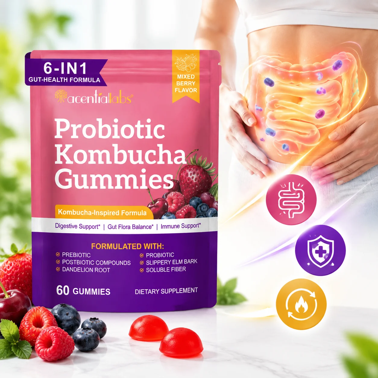 Probiotic Kombucha Gummies,Gut Microbiome & Metabolism,Promotes Immune & Digestive,Prebiotic Postbiotic Fiber Blend,60 Gummies