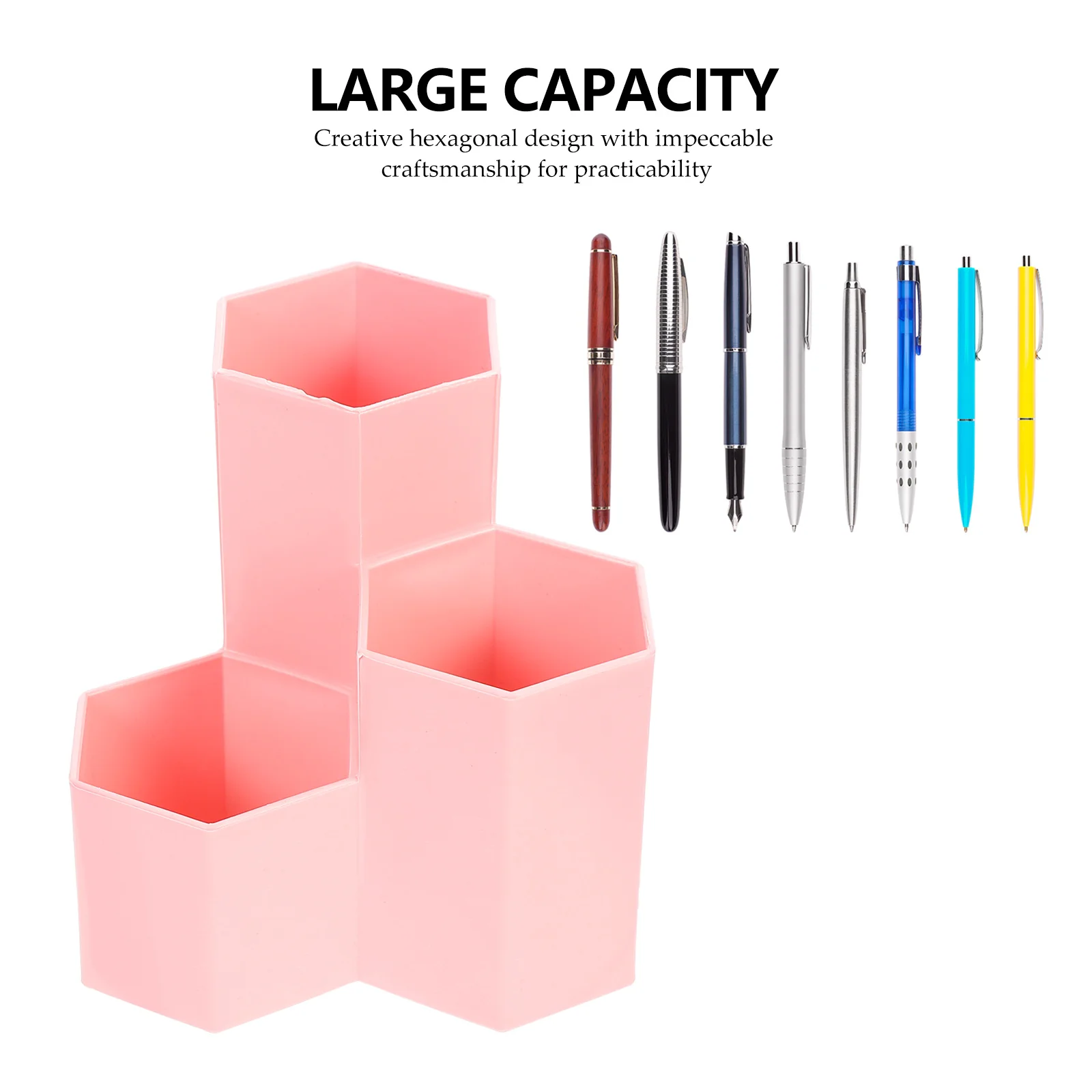 Creative Hexagonal Pen Holder Container Organizer Plastic Desktop Storage Box Student Office Supplies (Pink)