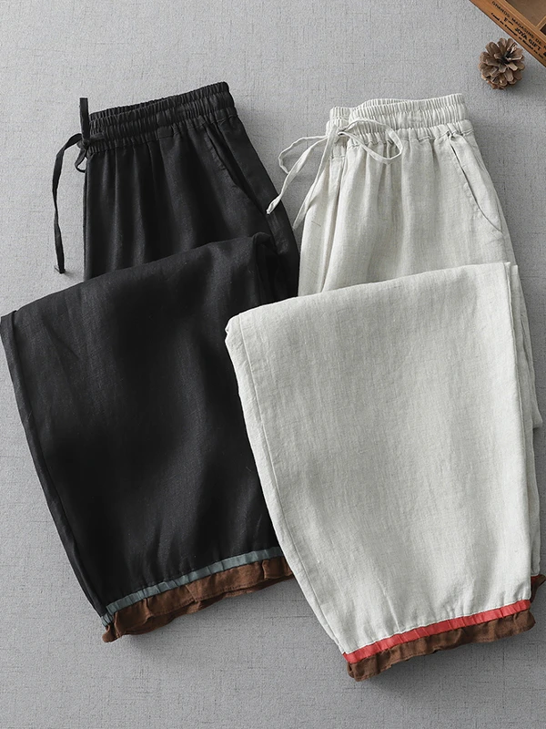 جديد وصول فضفاض صالح سراويلي حريمي واسعة الساق عادية القطن الكتان مزيج الصيف Faionable تسع نقاط بنطلون المرأة حجم كبير