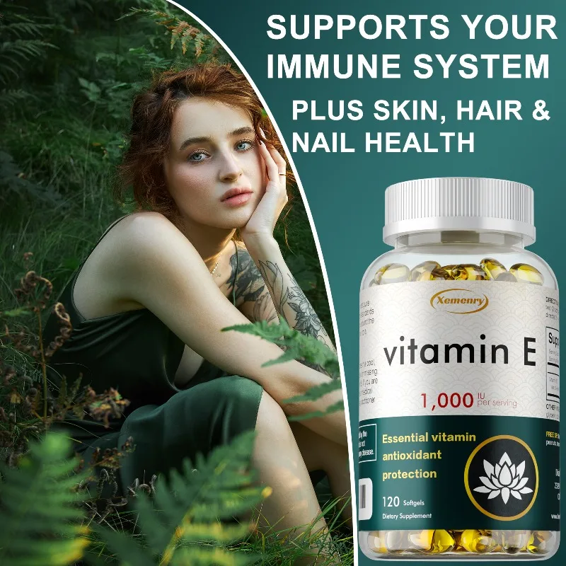 

Vitamin E 1000IU Capsules - Increases Skin Elasticity, Reduces Wrinkles, Improves Skin Hydration, and Immunity, Non-GMO