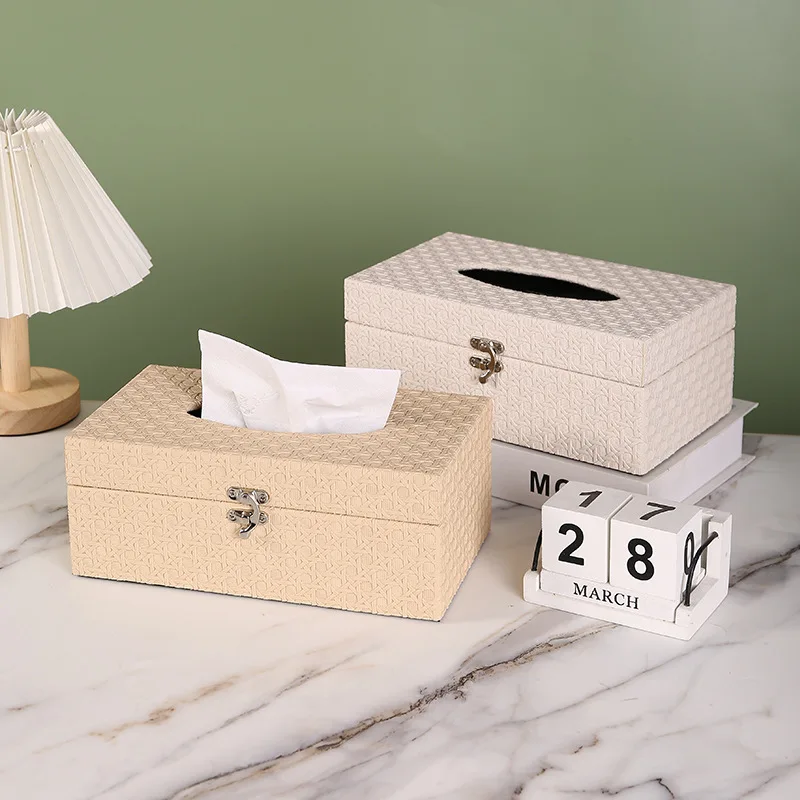 

Rattan Pattern Tissue Box - PU Leather Cover, Wooden Base, Tabletop Decor for Home/Restaurant