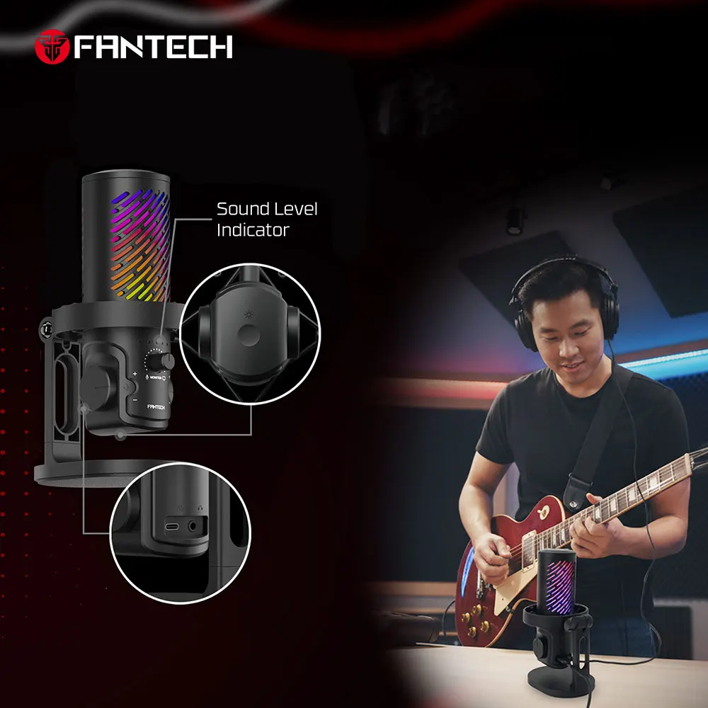 

Микрофон FANTECH LEVIOSA AURA MCX04 RGB с кнопкой ENC и кнопкой отключения звука, кардиоидная диаграмма направленности, антивибрационная база, проводной микрофон