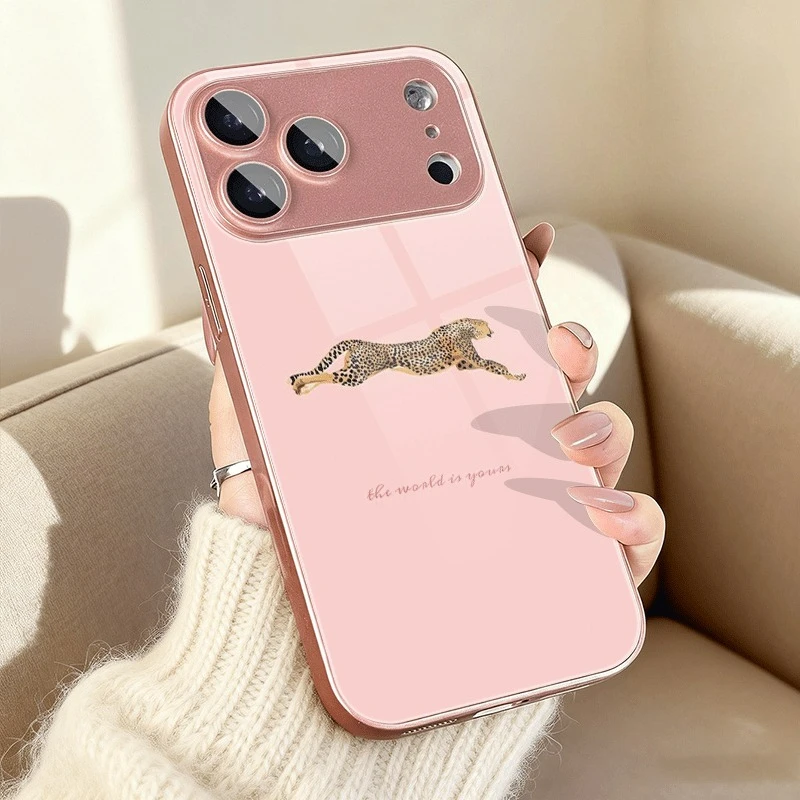 Sweet & Cool Inspirational Running Cheetah Print Glass Phone Case for iPhone 17 16 15 14 13 12 11 Pro Max XS XR 7 8 Plus 16E