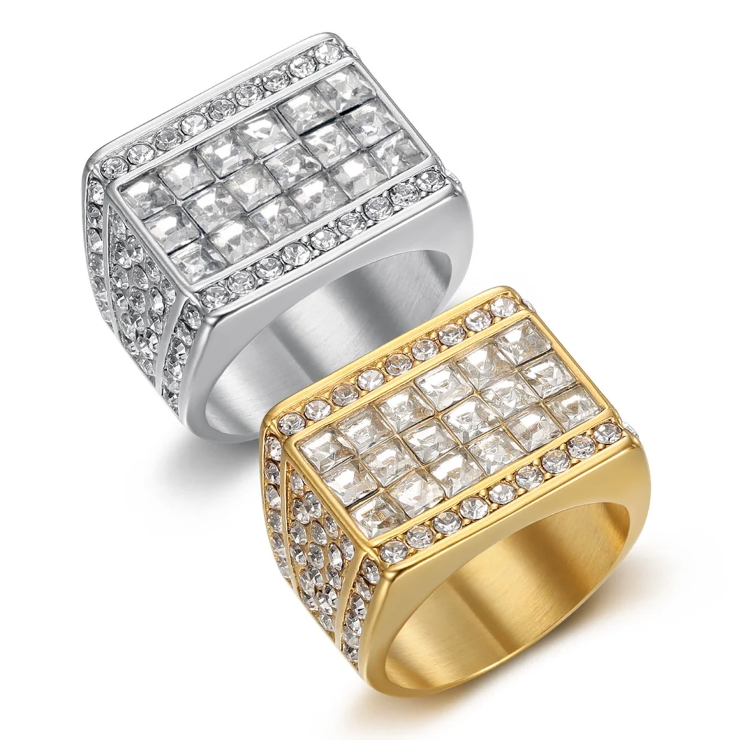 

Hip Hop Iced Out Bling Big Square Ring Mens Chunky Gold Silver Color Stainless Steel Crystal Zircon Rapper Rings for Man Jewelry