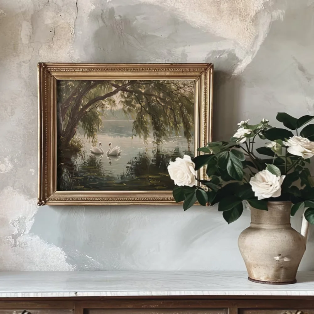 1pc Unframed Swan Lake Tree Rustic Landscape Retro Poster Moody Academia Art Farmhouse Decor Vintage Painting Home Decoration