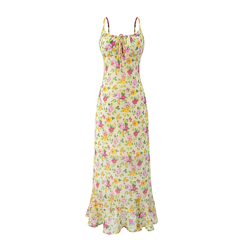 YENKYE Damen-Kleid mit Blumenmuster, Spaghettiträgern, sexy Kleid, gelb, Boho-Stil, Rüschensaum, Sommer-Strandkleider, Urlaubskleid
