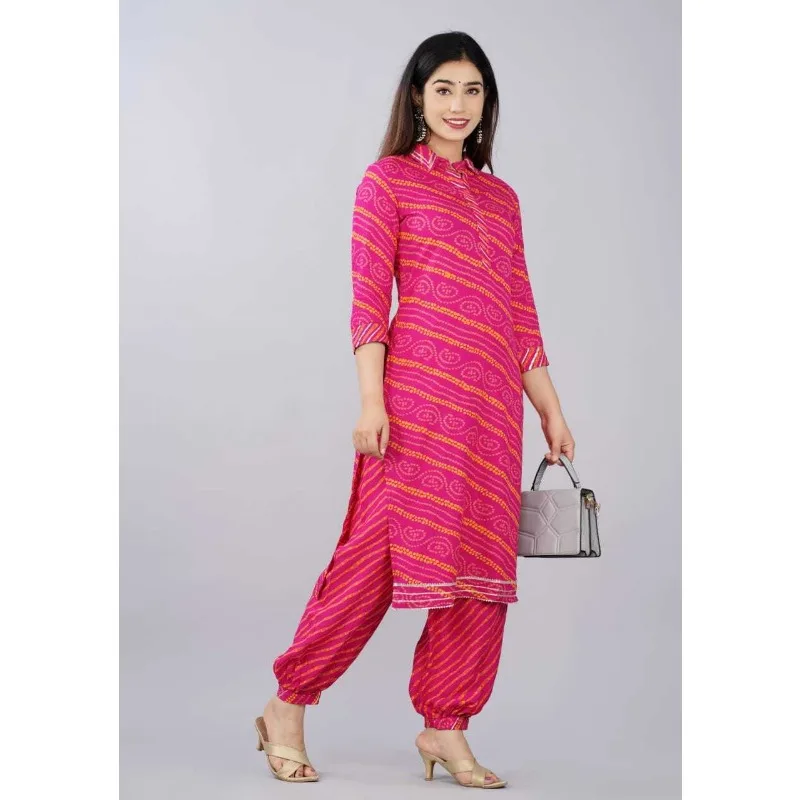 Indian Women Designer Rajasthani Printed Pink Straight Salwar Kurti and Pant Set