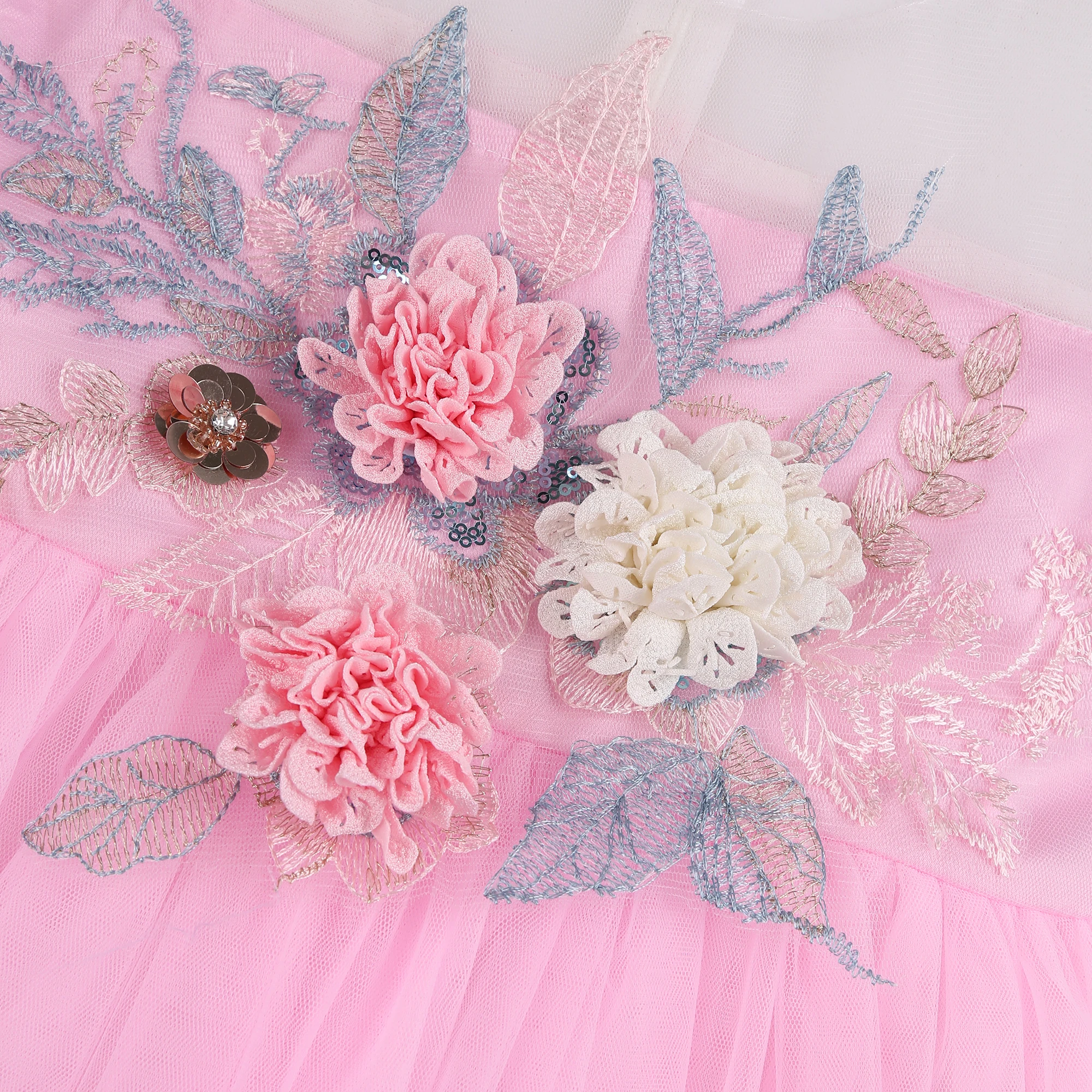 Mädchen-Netz-Seidenkleid mit Blumenstickerei für Hochzeit, Geburtstag, Party, Spitzen-Prinzessinnenkleid, Karneval, Weihnachten, Tanz-Performance-Outfit – Detail 33