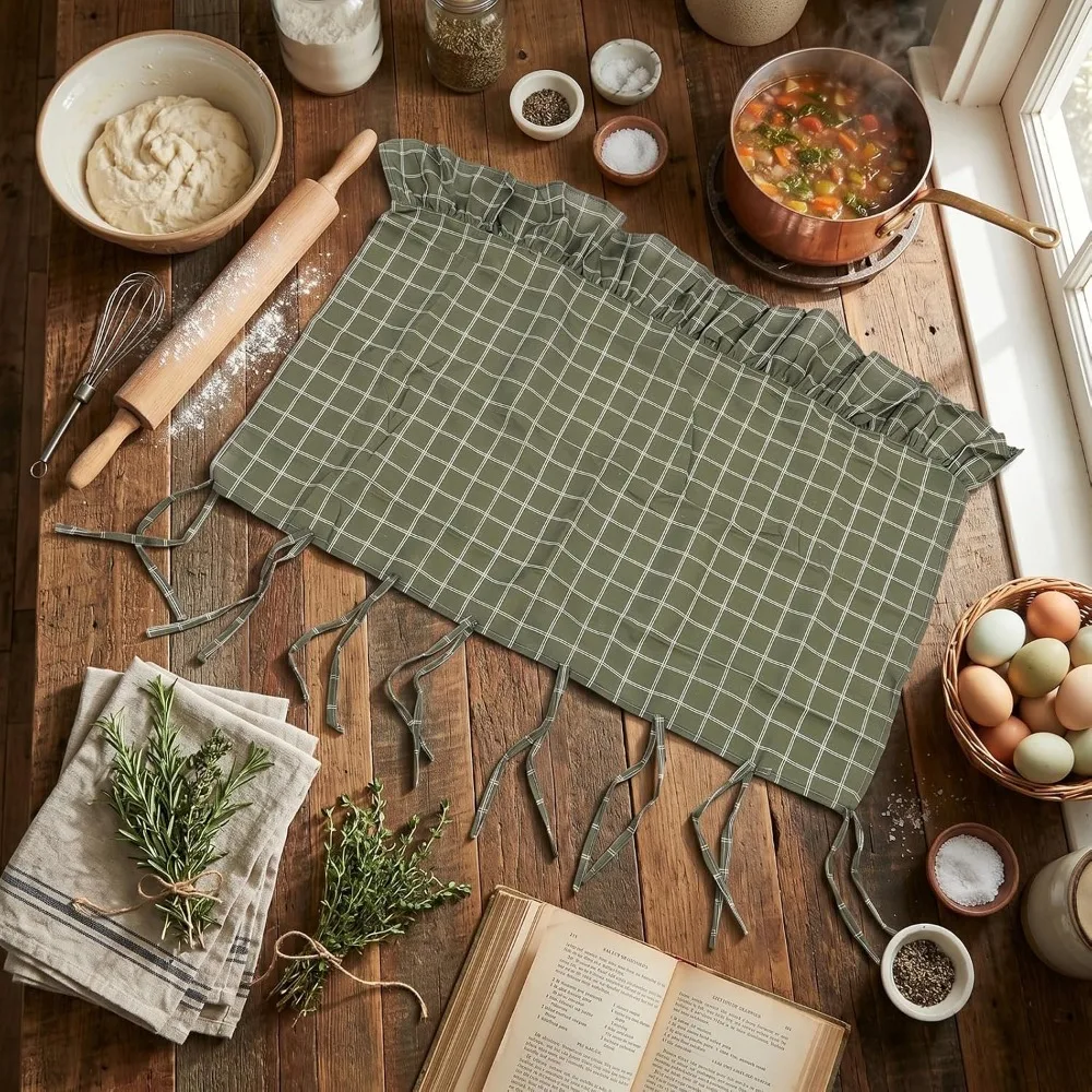 Heat Safe Cotton-Polyester Blend Oven Curtain Green Window Treatment Farmhouse Curtain Heat Safe Curtain Kitchen Decor