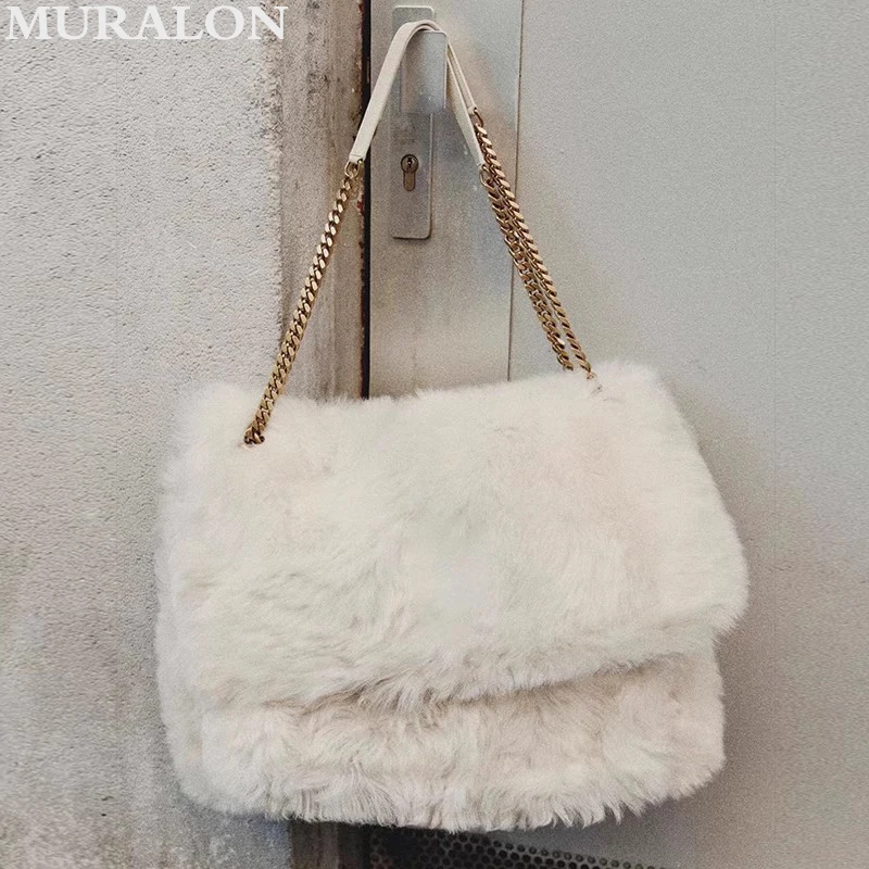 All-match Fashion Fur Chain Large Bag Tote Bag Fall Winter New Plush Bag Women Street Style Sexy Designer Luxury Underarm Bag