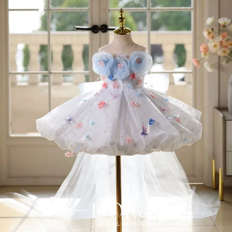 Kinder-Feenprinzessin-Kleid, kurzes Ballkleid mit 3D-Blumen, Tüllkleid mit bunten Blumenapplikationen für Mädchen, Hochzeit, Geburtstagsfeier A5102 – Detail 3