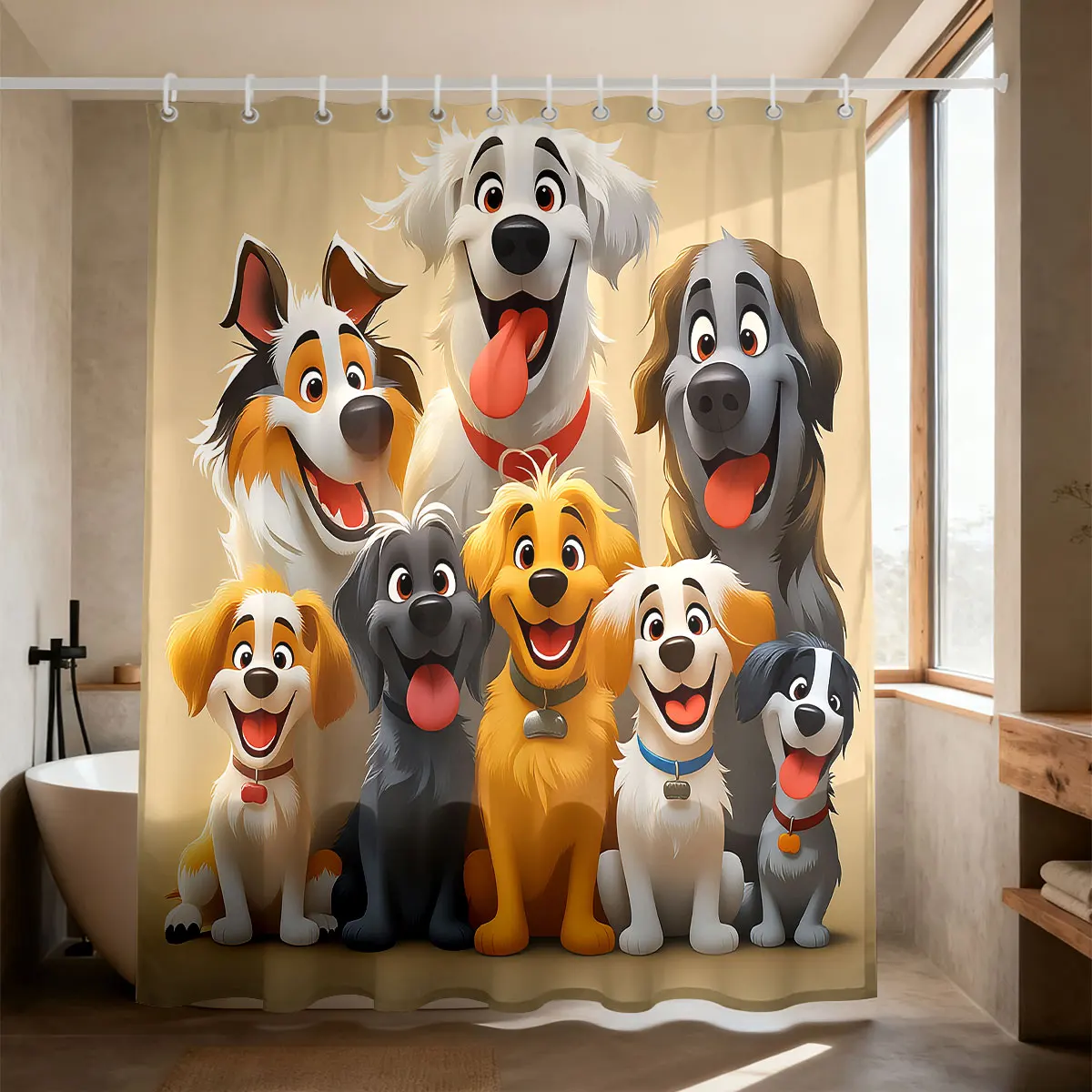 1pc Cute Cartoon Dog Animals Print Shower Curtain 90GSM Waterproof Vintage Botanical Print Bathroom Decor with Hooks