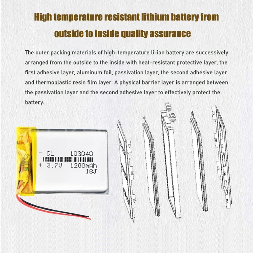 3.7V Lithium Ion Polymer Li Polymer 103040 1200mah Battery For LED Flashlight Remote Controller Selfie Stick