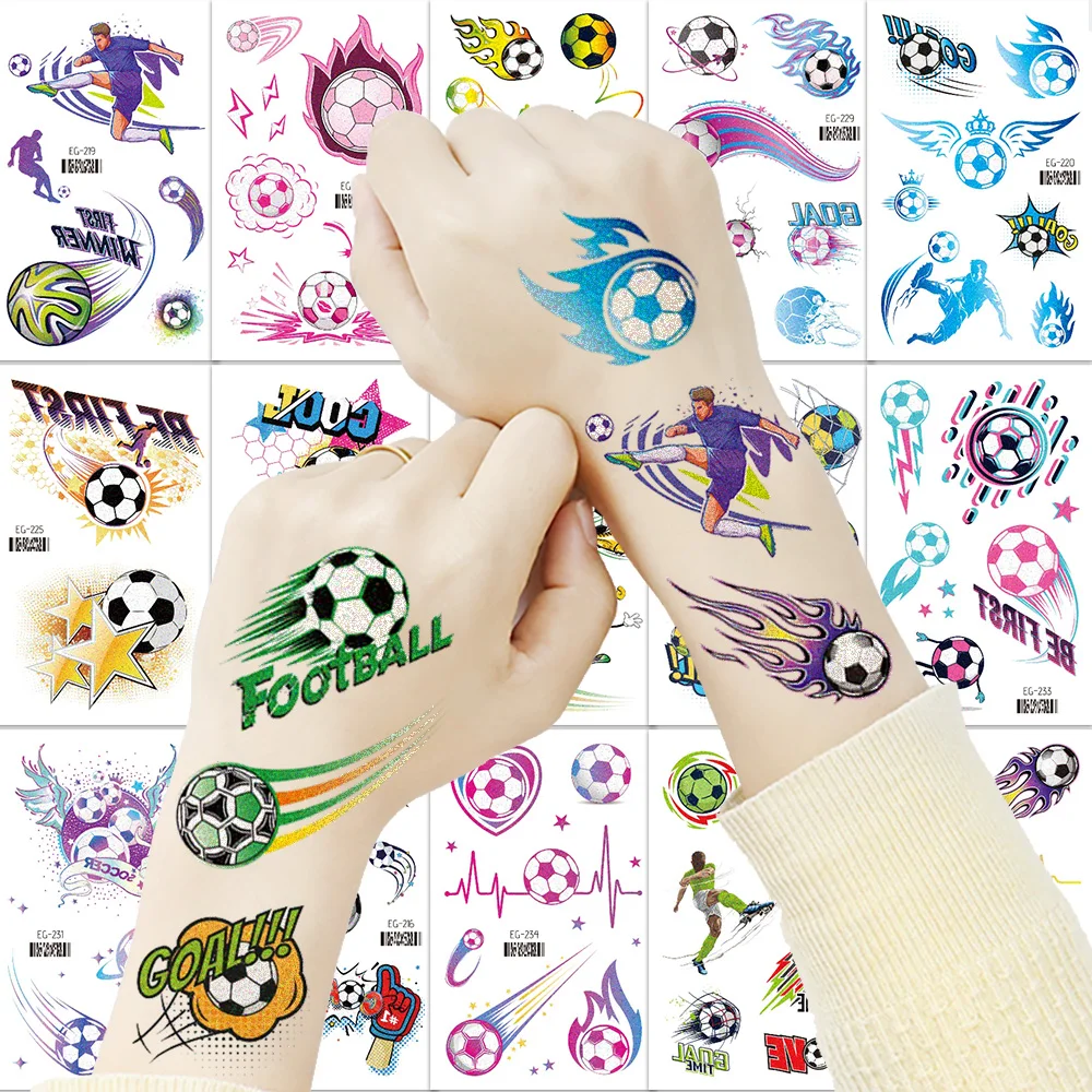 

12Pcs Glitter Football Temporary Tattoos-Soccer Cartoon Designs for Fan Parties&Birthday Favors|Easy Apply Face/Body Stickers