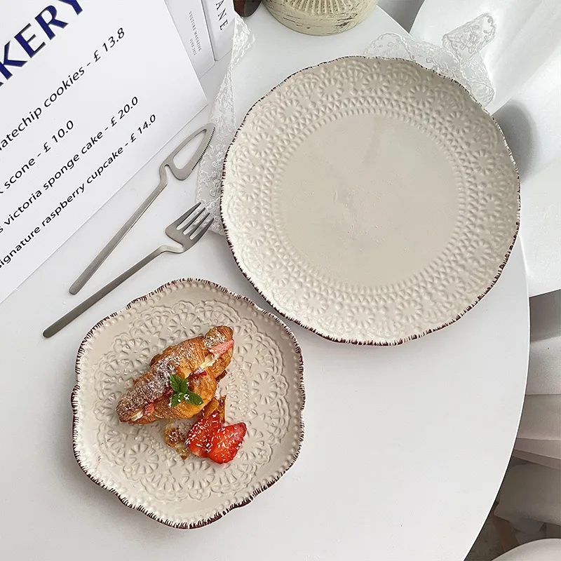 French court style cream lace plate ceramic retro relief western food plate vegetable plate dessert