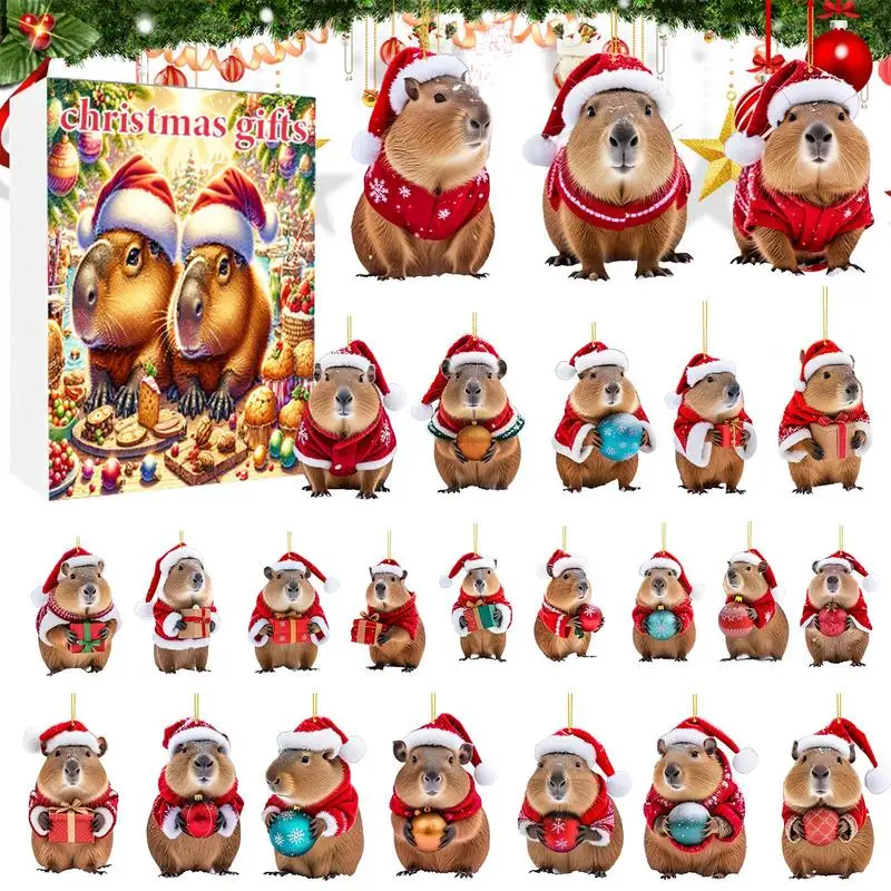 Christmas Advent Calendar Capybara Christmas Countdown Keychain Playset 2D Christmas Fantasy Character Figures Acrylic 24