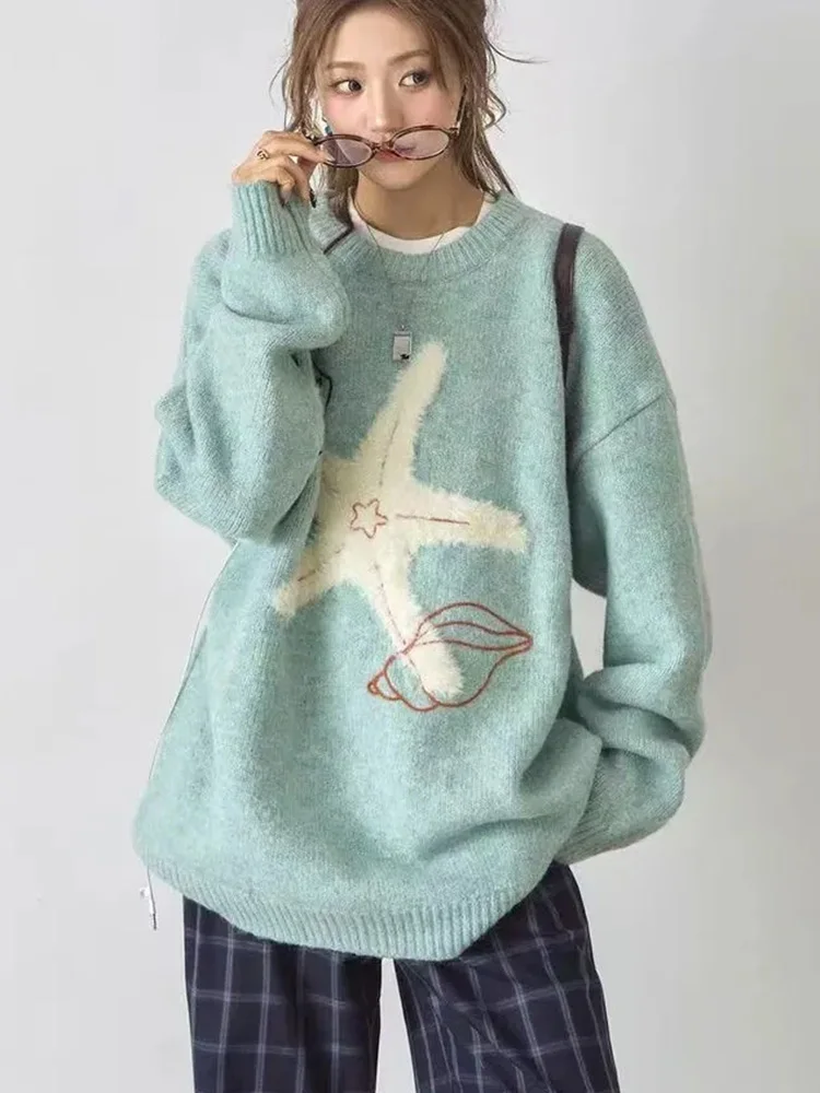 

Винтажный свитер с американской звездой, женский свободный вязаный джемпер в стиле Харадзюку, повседневный свитер с круглым вырезом, ленивый ветер, женский уличный пуловер в стиле ретро, топы