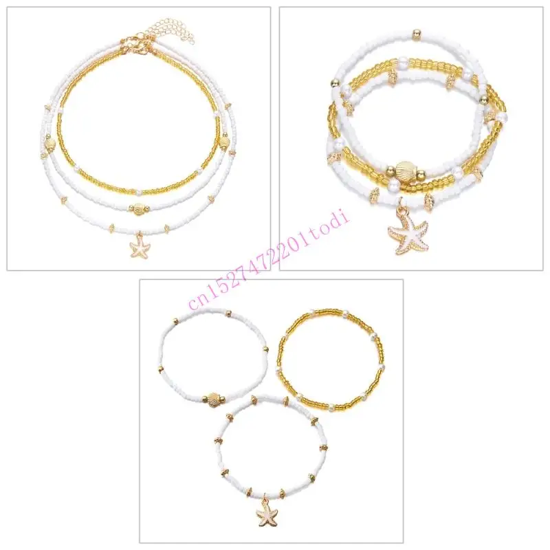 M76B Versatile Beach Jewelry Set Shell Bead Anklet Bracelet Necklace Adjustable