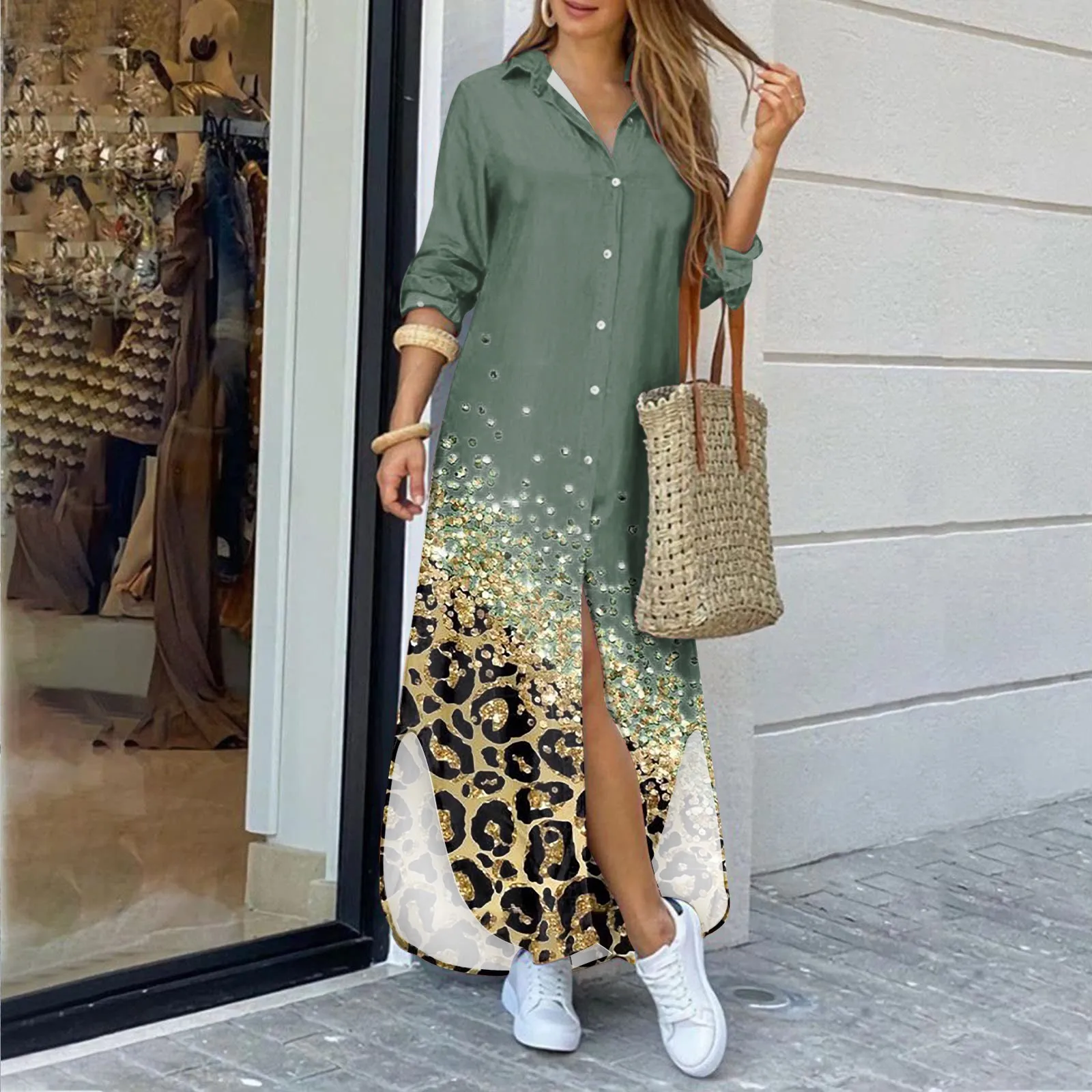 

Women Fashion Beach Dress Floral Printed Button Irregular Hem Dress Loose Turndown Long Sleeve Shirt Slit Dress Casual Sundress