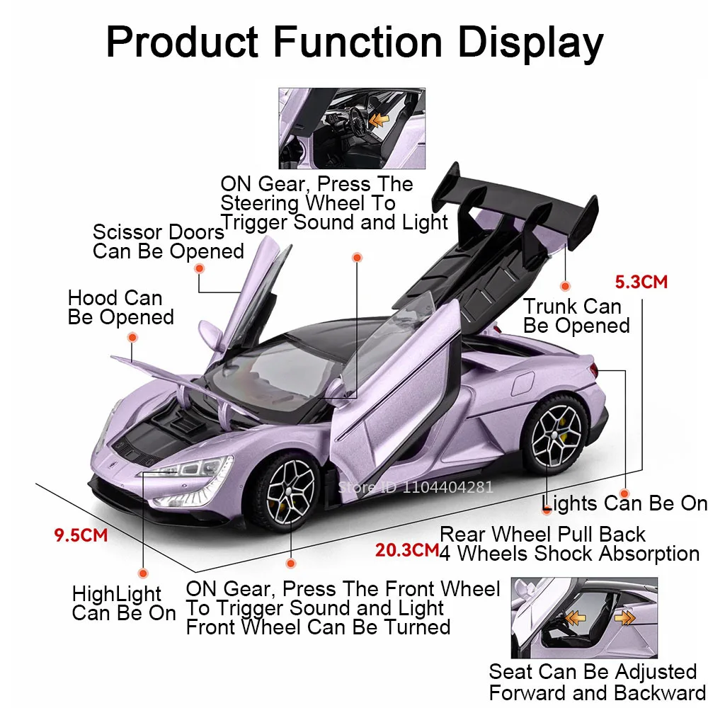 1:24 BYD Yangwang U9 Xtreme P1 Miniature Car Alloy Diecast Toys Model Sound Light Pull Back Doors Opened Vehice Popular Ornament