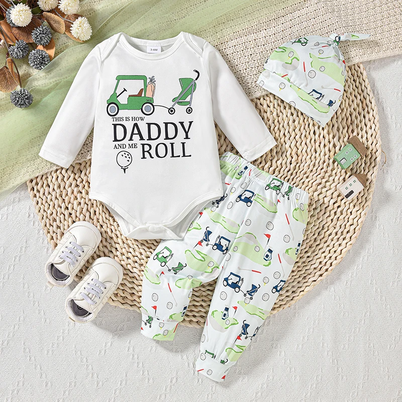 Newborn Baby Boy Girl Summer Outfit Long Sleeve Golf Print Bodysuit Top and Plants Pants 3pcs Clothes Set