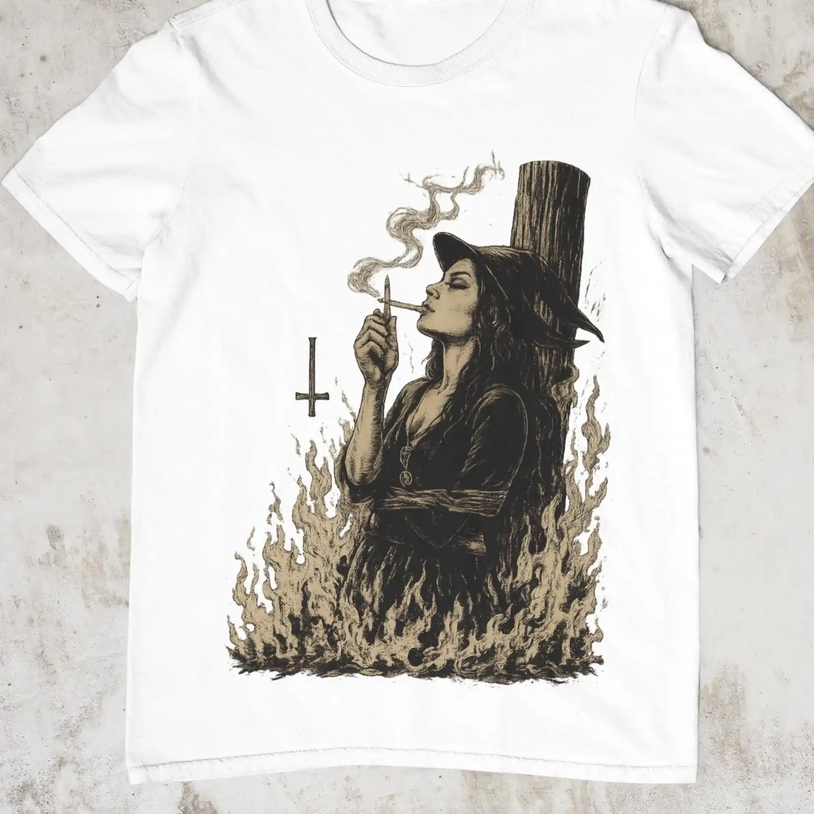 Dark Witchy Graphic Tee, Gothic Pagan Witchcraft Top,Witch Lighting Cigarette While Burning At The Stake Shirt