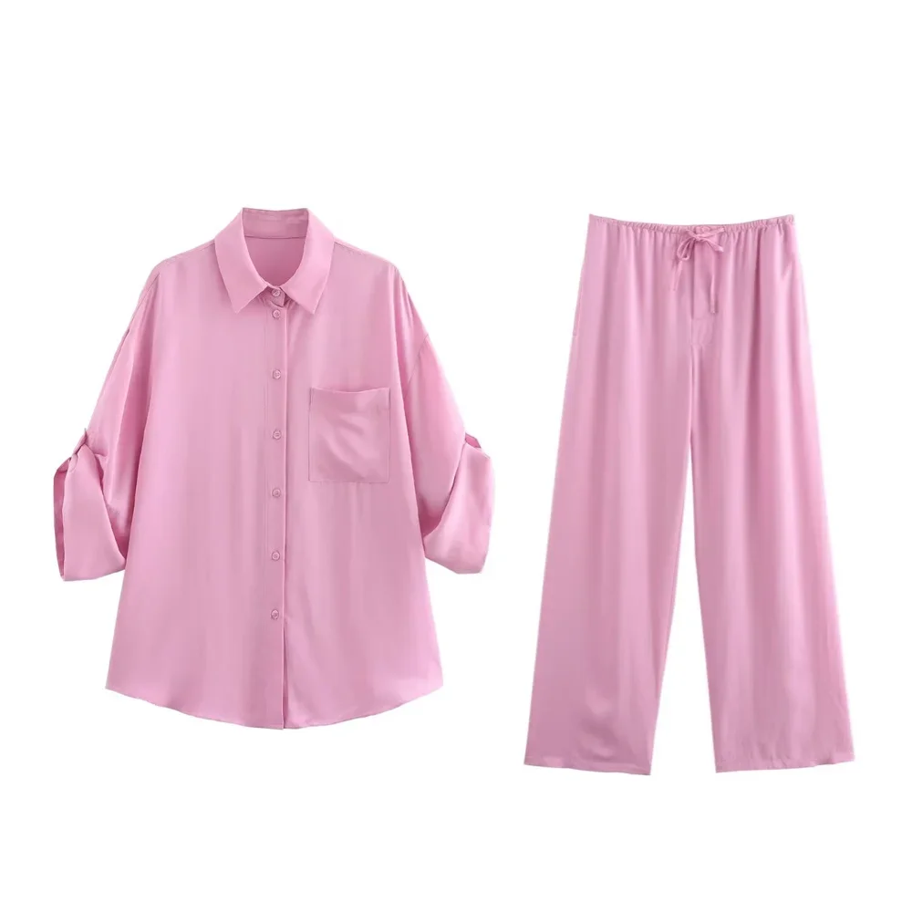 Conjunto de pantalones de arrastre de suelo de cintura alta para mujer, camisa con textura de seda y cuello informal a la moda, nuevo producto de otoño 2025