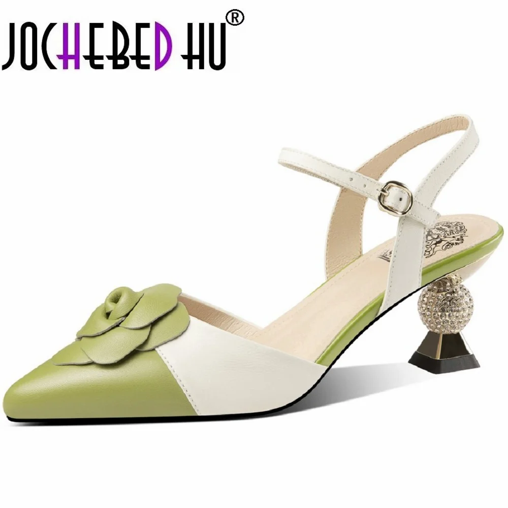 

【JOCHEBED HU】Mixed Colors Flower Design High-End Fashion Sexy Genuine Leather Summer Women Sandals Party Wedding Shoes 33-43