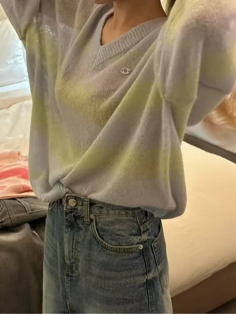 Doce casual listrado v-ne malhas feminino solto oulder baring emagrecimento topo para primavera outono confortável preguiçoso sle