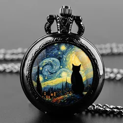 Van Gogh Cat Painting Art Glass Dome Quartz Pocket Watch With Durable Chain Arabic Numeral Dial Extraordinary Gifts for Men Kids