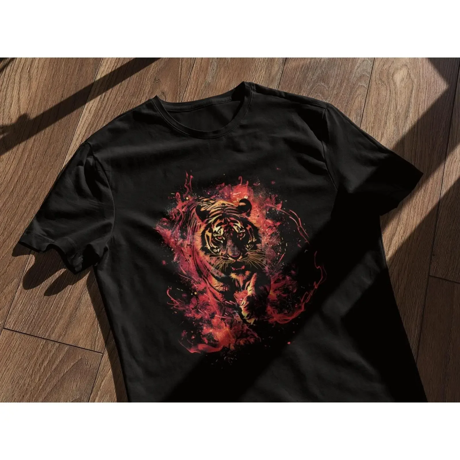 Tiger T Shirt Neon Blaze Streetwear Black Big Cat Bold Predator Silhouette Art DW vintage Washed Breathable Slightly