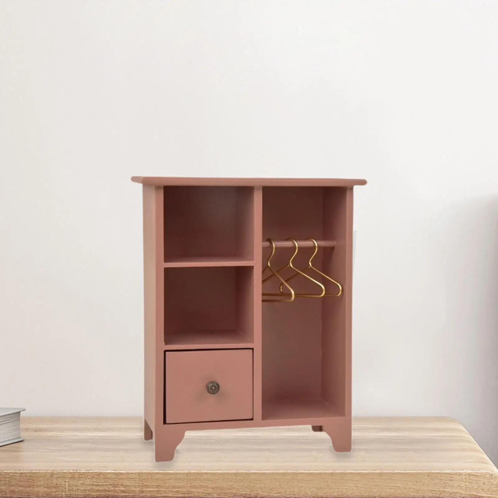 Wooden Dollhouse Clothes Organizer Cabinet Miniature Vertical Wardrobe with Drawer and Coat Rack 1 12 Scale Furniture for Doll