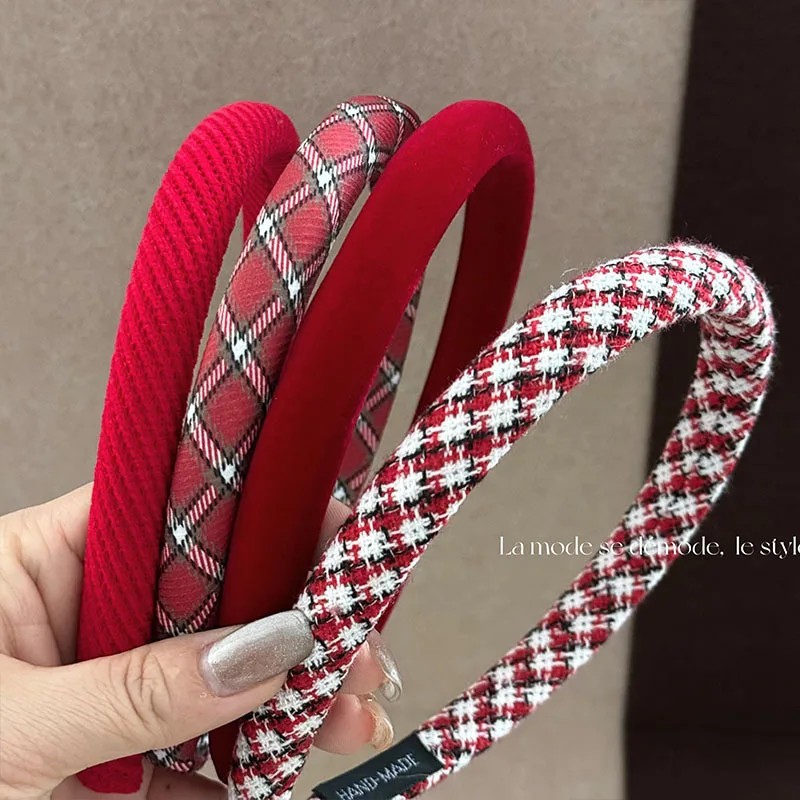 Christmas Atmosphere Red Green Plaid Woolen Girly Style Headband Dark Red Chenille New Year Headband Hairpin