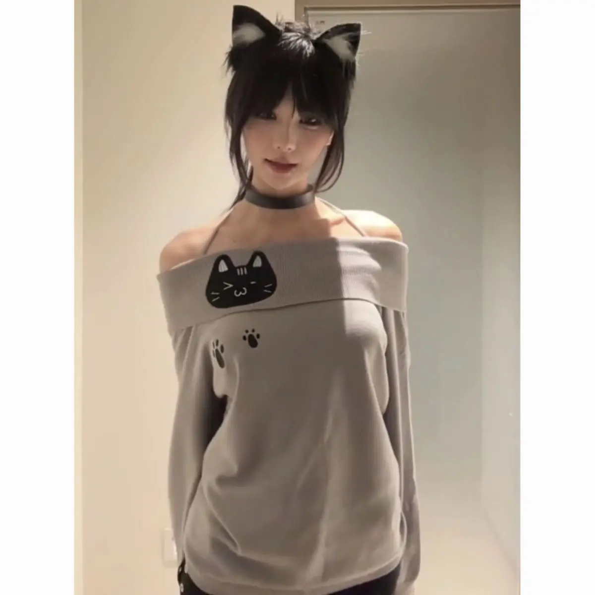 Autunno gotico vintage elegante Sweatershit donna Y2k slash neck stampa cartoon design top femminile sexy retrò abiti popolari coreani