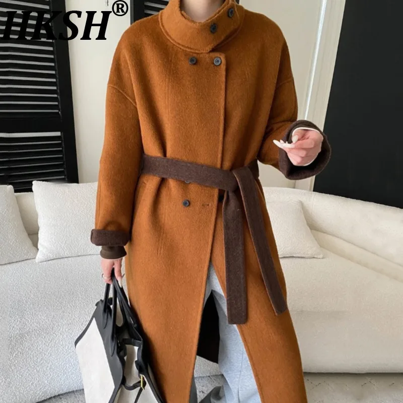 

HKSH осень-зима новое женское длинное пальто с воротником-стойкой, двубортный пояс, цветной блок, французская элегантная толстая куртка HK16415