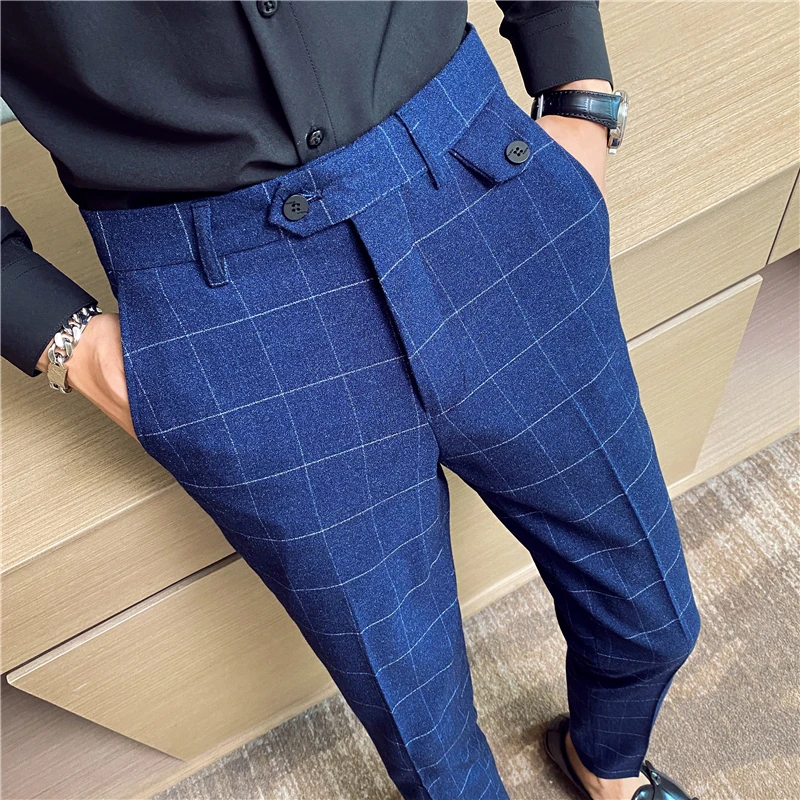 2022 Men Formal Office Social Suit Pants British Casual Slim Fit Trousers Men Clothing Autumn Winter Plaid Business Dress Pants